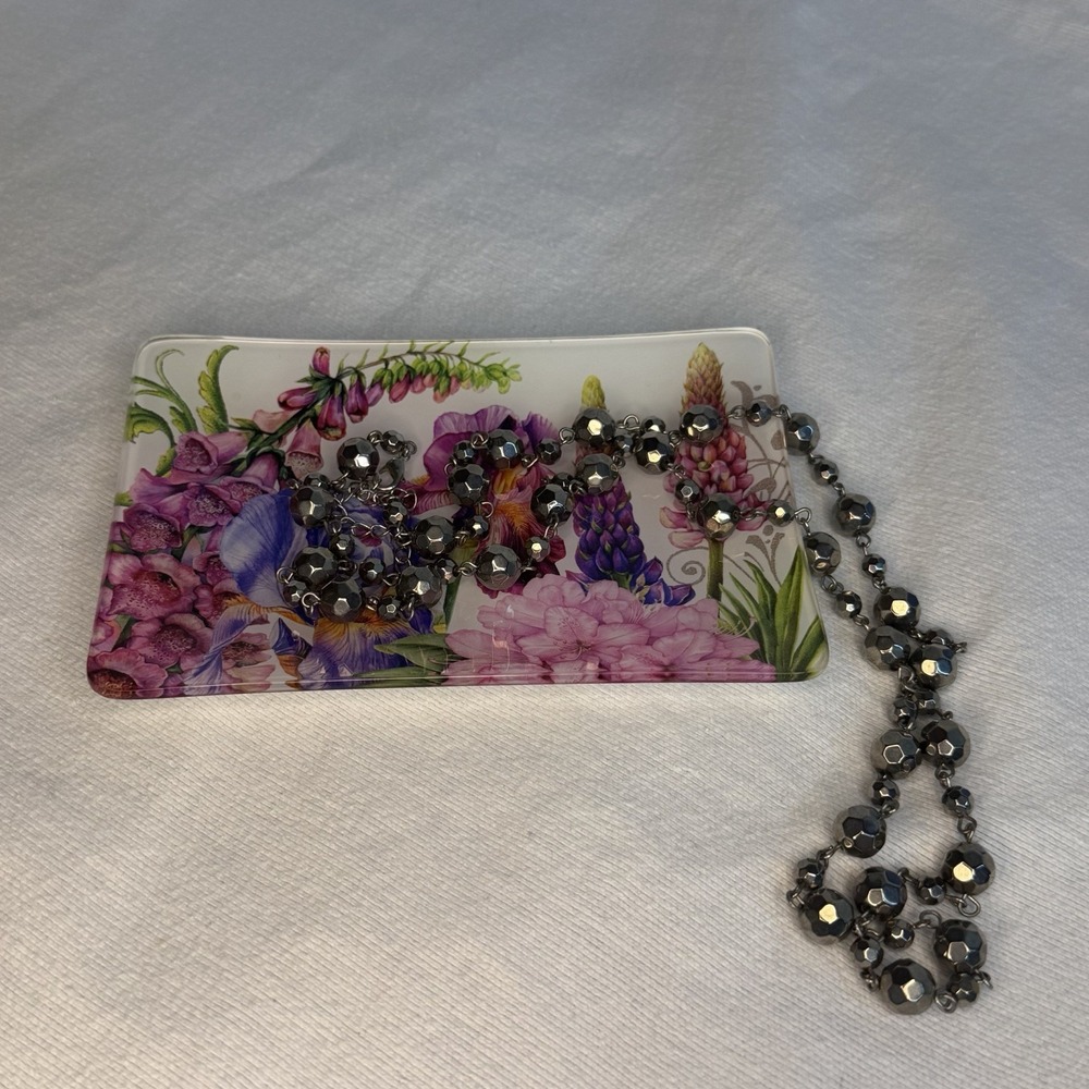 Floral Glass Trinket Tray Jewelry Soap Dish Botanical Whimsical